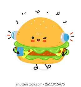 An adorable cartoon Burger is listening to music with headphones and smartphone in hand.