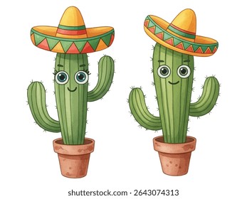 Adorable cartoon cacti in festive sombreros, smiling from terracotta pots. Perfect for fun Mexican-themed designs, kids party decor, stickers, and cheerful holiday illustrations.