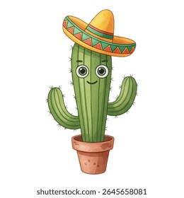 Cactos de desenho animado adorável em sombreros festivos, sorrindo de potes de terracota. Perfeito para projetos divertidos com temática mexicana, decoração de festas infantis, adesivos e ilustrações alegres de férias.