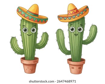 Adorable cartoon cacti in festive sombreros, smiling from terracotta pots. Perfect for fun Mexican-themed designs, kids party decor, stickers, and cheerful holiday illustrations.