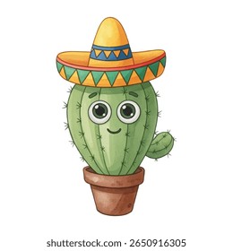 Adorable cartoon cacti in festive sombreros, smiling from terracotta pots. Perfect for fun Mexican-themed designs, kids party decor, stickers, and cheerful holiday illustrations.