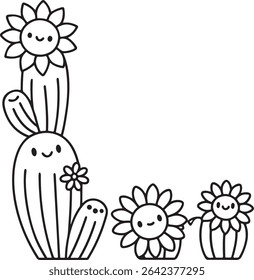 Cactos de desenhos animados e girassóis adoráveis com rostos sorridentes, perfeitos para ilustrações de crianças, livros de colorir ou desenhos bonitos.  Estilo de arte de linha simples.