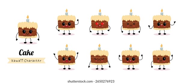 Adorable Cartoon Cake Characters Featuring Various Expressions and Colorful Candles on Top