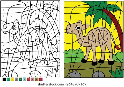 Adorable Cartoon Camel Color by Number Activity for Kids, with Solved Example, Perfect for Educational Fun and Creative Play, Desert Animal Theme.
