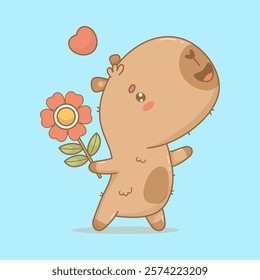 Adorable cartoon capybara with flower and heart. Cute enamored kawaii character animal. Vector illustration. Holiday Valentine cool card