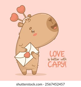 Adorable cartoon capybara holding love letter with heart. Cute romantic enamored kawaii character animal. Vector illustration. Holiday Valentine cool card