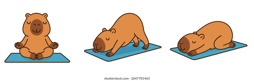 Capivara de desenho animado adorável realizando diferentes poses de ioga em um tapete. Ilustração de vetor perfeito para crianças ioga, projetos de mindfulness e conteúdo de bem-estar animal.
