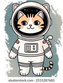 Bezaubernde Cartoon Katze Astronaut Illustration in einem Raumanzug, schwebend im Weltraum. Perfekt für Kinderdesigns, Drucke und Kunst mit Weltraummotiven.