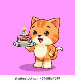 Adorable Cartoon Cat with Birthday Cake Cute Celebration Illustration