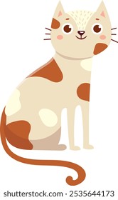 Adorable cartoon cat with brown spots sitting peacefully with a cheerful expression, showcasing a simple and charming design