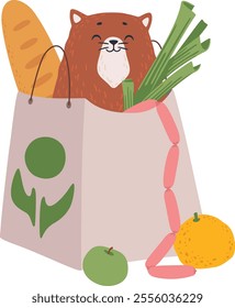 Adorable cartoon cat carrying a reusable shopping bag filled with fresh groceries, promoting eco conscious pet ownership and healthy eating habits