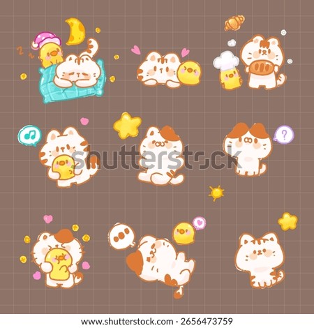 Adorable cartoon cat and chick characters in various emotions and actions. Cute doodle style vector for stickers, messages, and decoration.