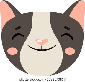 Adorable cartoon cat face with a big smile and rosy cheeks. The design features a simple, cute style with a neutral color palette, perfect for children s illustrations or playful designs