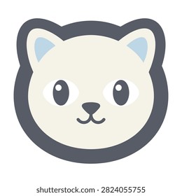 Adorable cartoon cat face with blue ears and black nose smiling sweetly at the camera, isolated on white background