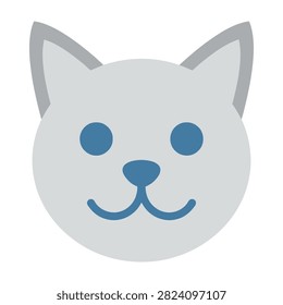 Adorable cartoon cat face with blue eyes and nose on white background, smiling and looking friendly