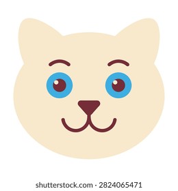 Adorable cartoon cat face with bright blue eyes, brown nose and eyebrows smiling happily