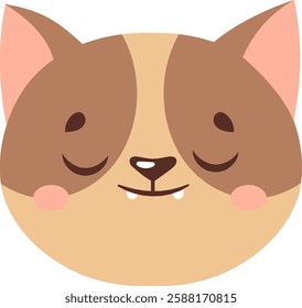 Adorable cartoon cat face with closed eyes and a gentle smile, featuring brown patches and pink cheeks. The simplistic design conveys a sense of calm and contentment