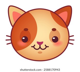 Adorable cartoon cat face featuring orange and beige fur, smiling with closed mouth and rosy cheeks, radiating happiness and warmth, ideal for children s illustrations and greeting cards