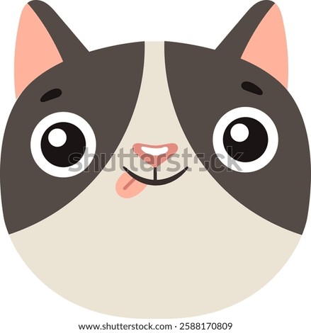 Adorable cartoon cat face with large eyes and a playful expression. Features include a small pink nose, tongue sticking out, and prominent ears. Perfect for children s illustrations and designs