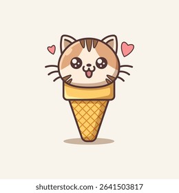 Adorable cartoon of a cat head as an ice cream scoop in a cone. Perfect for kids' designs, stickers, prints, greeting cards, and kawaii-style products.