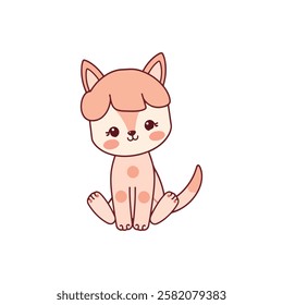 Adorable cartoon cat illustration with big eyes, soft colors, and blush cheeks, sitting with a cheerful expression on white.
