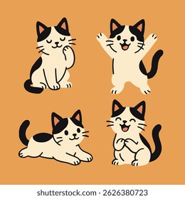 Adorable cartoon cat illustration set featuring a black and white kitten in various playful poses.
