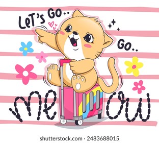 Adorable cartoon cat on a colorful suitcase with playful 'Let's Go' text and vibrant floral accents. Perfect for travel-themed designs and children’s illustrations.