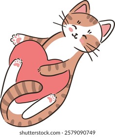Adorable cartoon cat with pink heart. Hand drawn vector illustration for Valentines Day greeting card. Cat love human. Pet care concept.