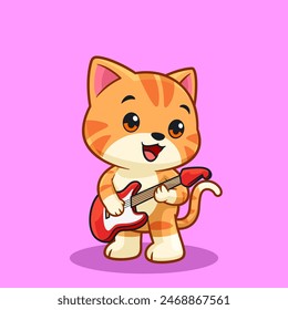 Adorable Cartoon Cat Playing Guitar Cute Musical Character Illustration