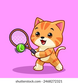 Adorable Cartoon Cat Playing Tennis Cute Sports Character Illustration