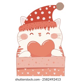 Adorable cartoon cat in a polka dot hat, holding a large heart inside a decorated gift box with a cheerful expression