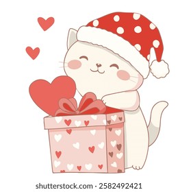 Adorable cartoon cat in a polka dot Santa hat, holding a heart-shaped gift box decorated with hearts, surrounded by red hearts