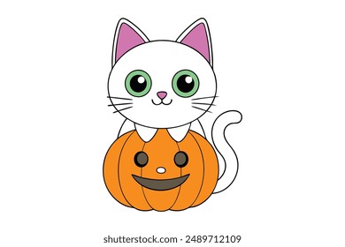 Adorable cartoon cat and pumpkin illustration, perfect for Halloween-themed prints and crafts