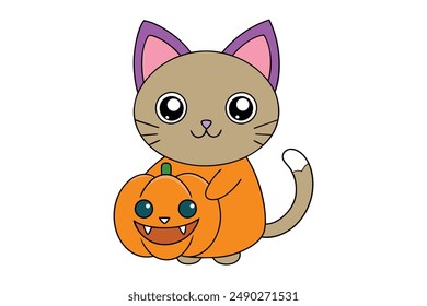 Adorable cartoon cat and pumpkin illustration, perfect for Halloween-themed prints and crafts