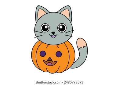 Adorable cartoon cat and pumpkin illustration, perfect for Halloween-themed prints and crafts