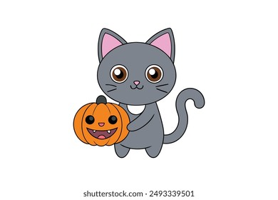 Adorable cartoon cat and pumpkin illustration, perfect for Halloween-themed prints and crafts