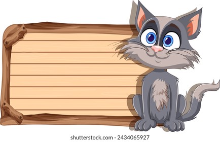 Adorable cartoon cat sitting beside a signboard.