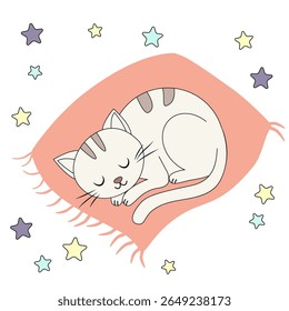 Adorable cartoon cat sleeping on a pink rug with colorful stars in dreamy scene