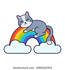 Adorable cartoon cat sleeps on rainbow. Vector illustration