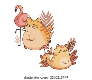 Adorable Cartoon Cat with a Smaller Cat and Flamingo for a Cute Family Theme Illustration. Vector illustration