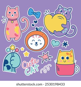 Adorable Cartoon Cat Stickers on Purple Background, kawaii-style cats in playful poses, along with cheerful elements like hearts, stars, and flowers. Ideal for kids’ merchandise, and DIY projects