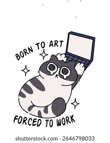Gato de desenhos animados adorável usando laptop. Computação animal bonita.