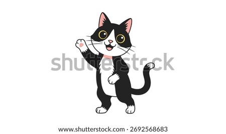 Adorable cartoon cat waving hello, perfect for children's books, educational material, and delightful family fun projects
