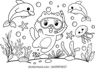 Adorable cartoon cat wearing snorkeling ,diving underwater and playing with dolphins, jellyfish, and starfish in a lively ocean scene. Perfect for children's coloring books and education