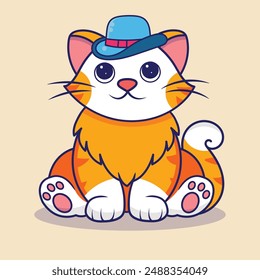 Adorable Cartoon Cat Wearing a Stylish Hat and Looking Charming in a Cute vector Illustration
