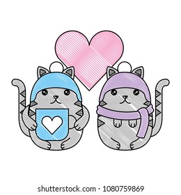 adorable cartoon cats with coffee cup and scarf hats love heart