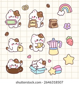 Adorable cartoon cats in a coffee shop theme, featuring pastries, coffee beans, and cozy moments. Perfect for kawaii sticker collections.

