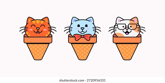 Adorables gatos de dibujos animados diseñados como cucharadas de helado en conos de waffle. Cada gato tiene una expresión y un estilo únicos, perfectos para diseños infantiles, pegatinas, postres, temas e ilustraciones lúdicas.