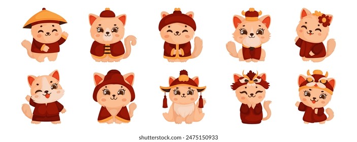 Adorable cartoon cats wearing traditional Chinese clothing, perfect for festive and cultural themes.