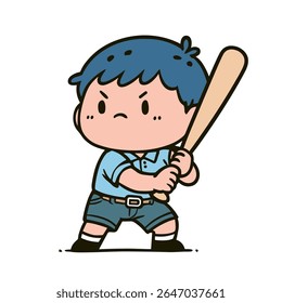Adorable cartoon character of a boy ready to bat with a baseball bat.